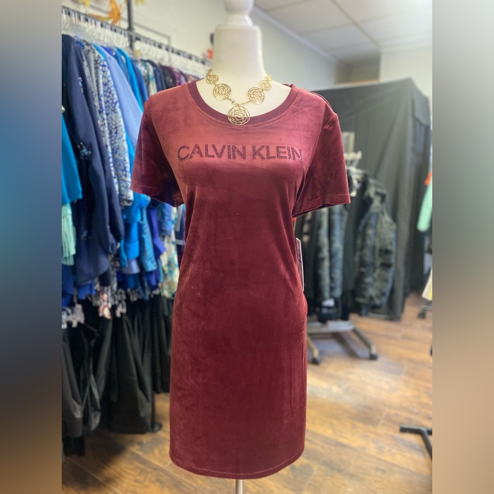 Calvin Klein Maroon Velvet T-Shirt Dress